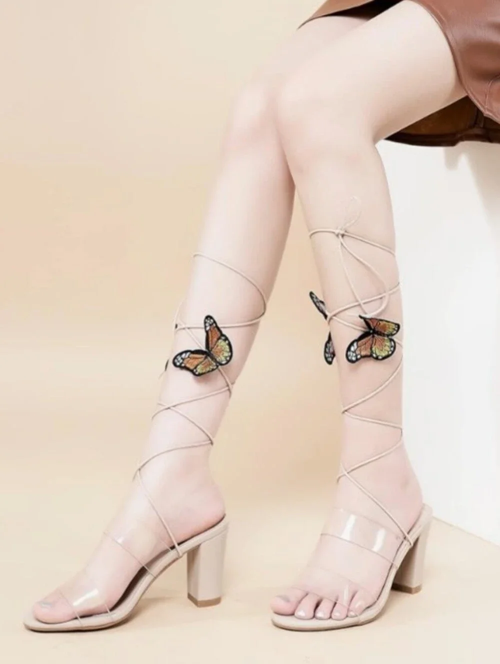 NWT Embroidered Butterfly Lace Up Block Heels Clear Strap Sandals Apricot 5 6 7